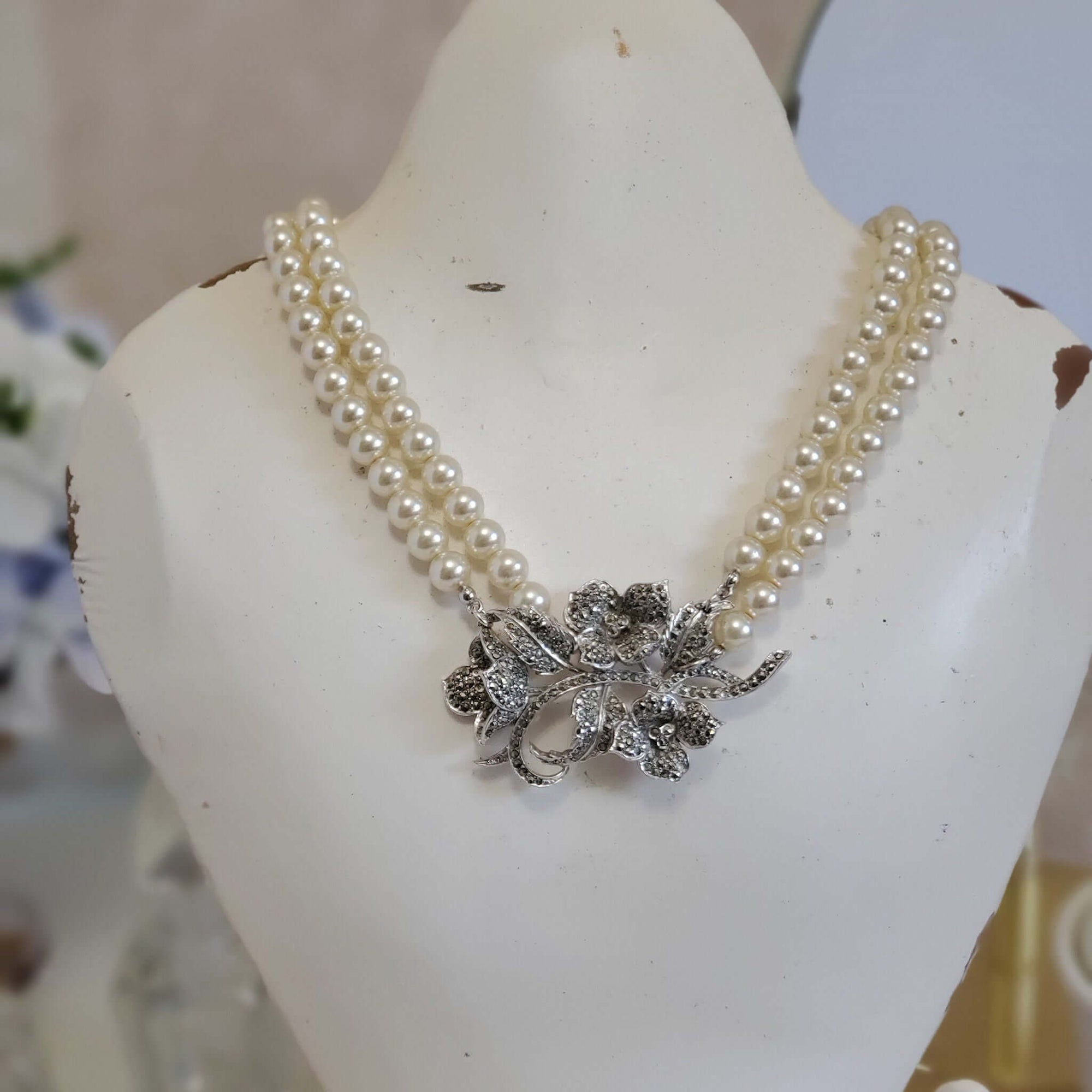 Repurposed Pearl Necklace with Floral Pendant