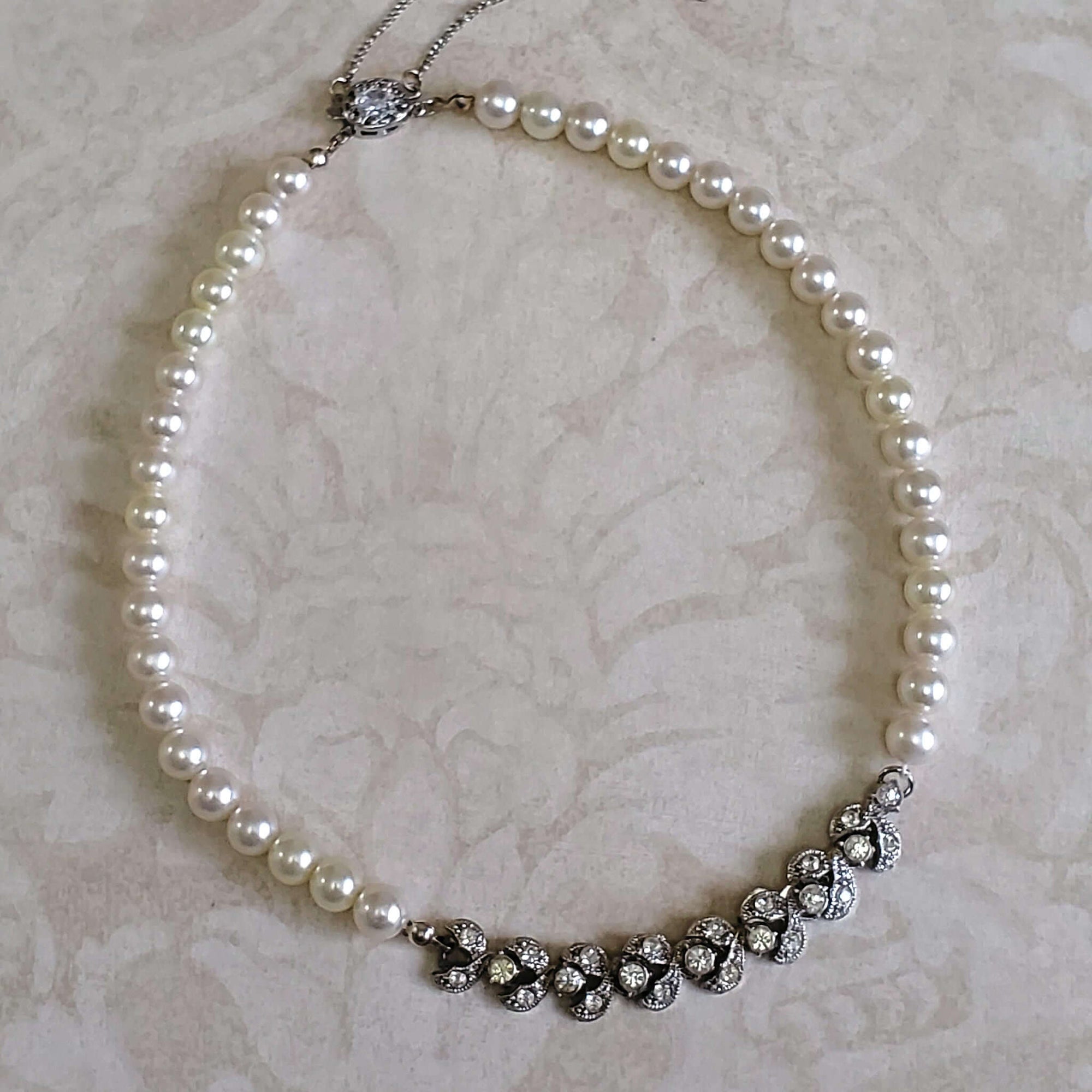 Vintage Pearl Necklace with Crystal Pendant