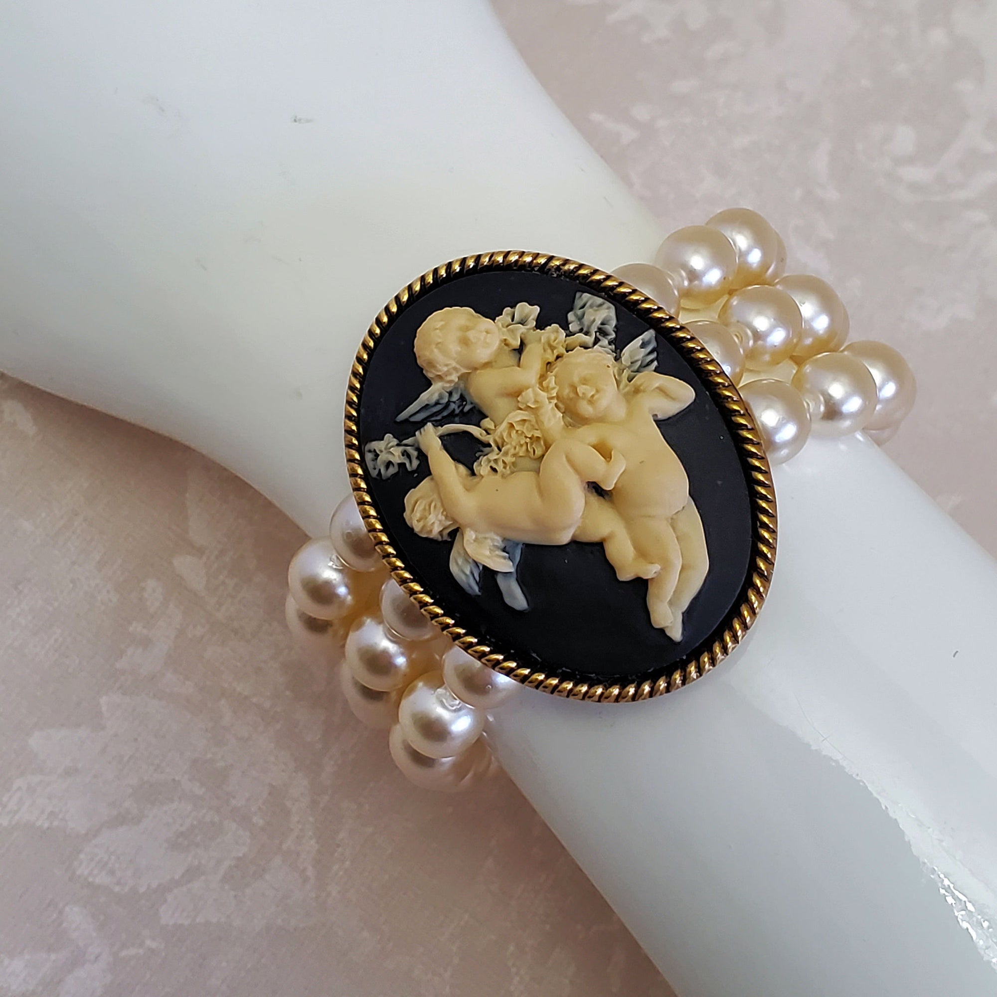 Cherub Pendant Bracelet with Vintage Costume Pearl Strands