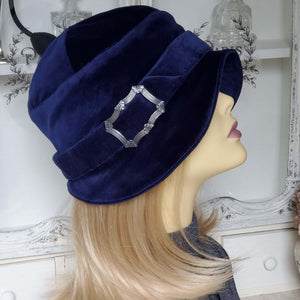 Side View Of Cloche Hat showing Vintage Silver Buckle detail