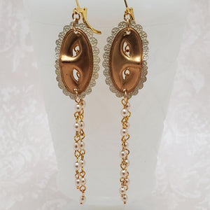 Romantic mask earrings with pearl chain drops