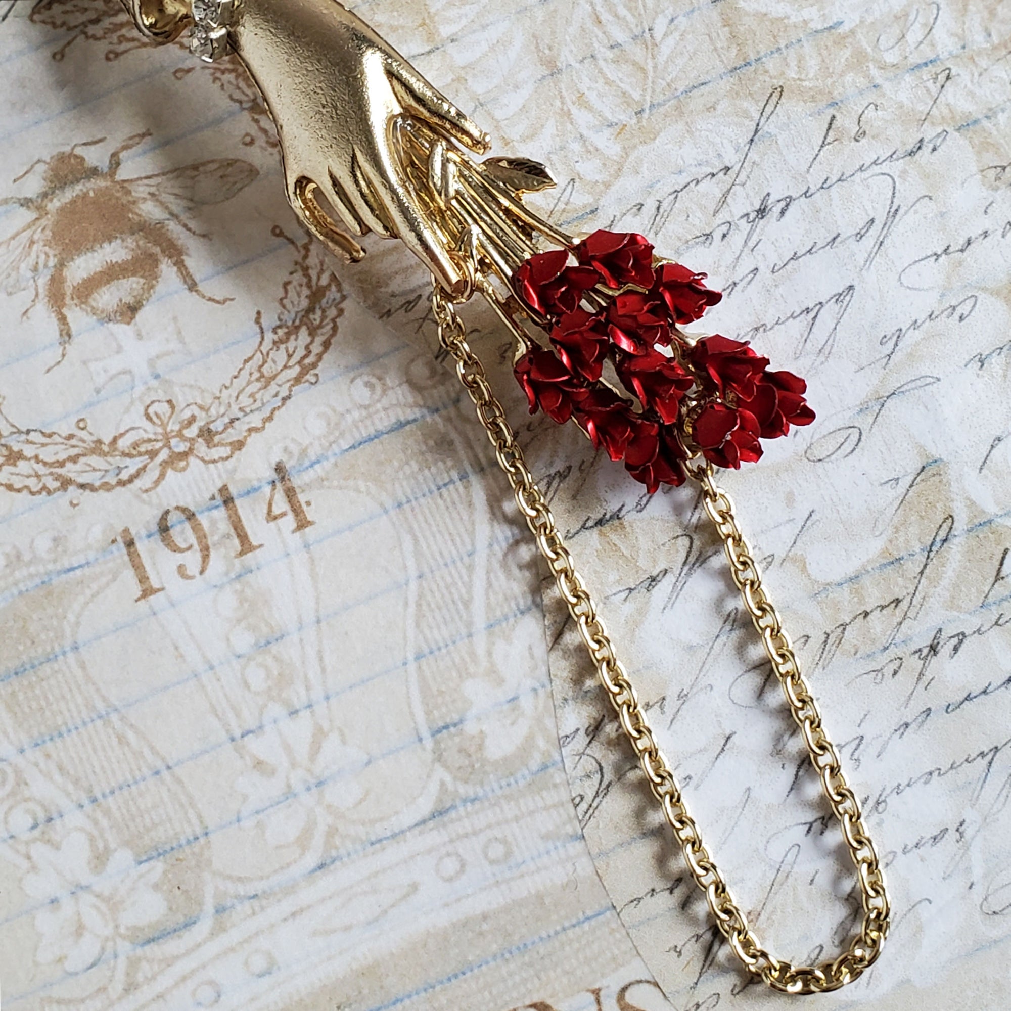 Victorian Style Hand Brooch with Chain Accent