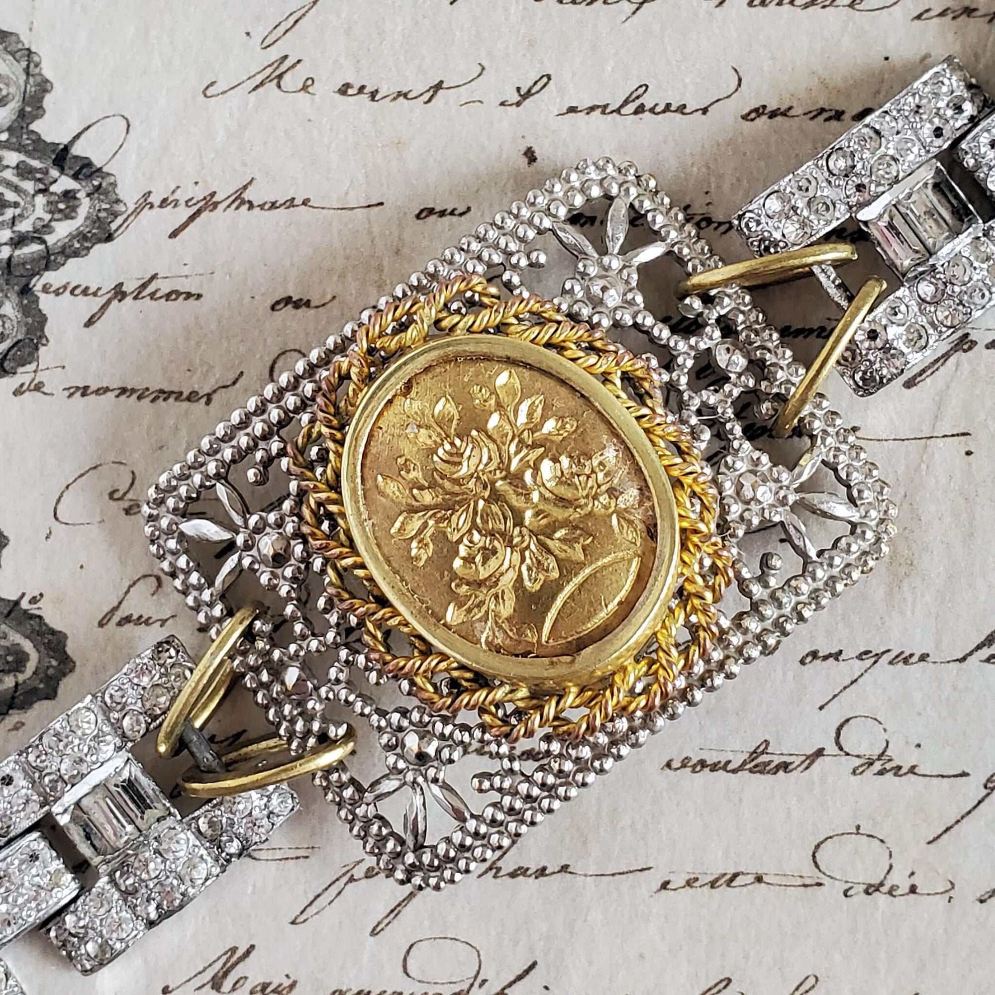 Vintage Assemlbage Cuff Bracelet with Framed Floral PEndant