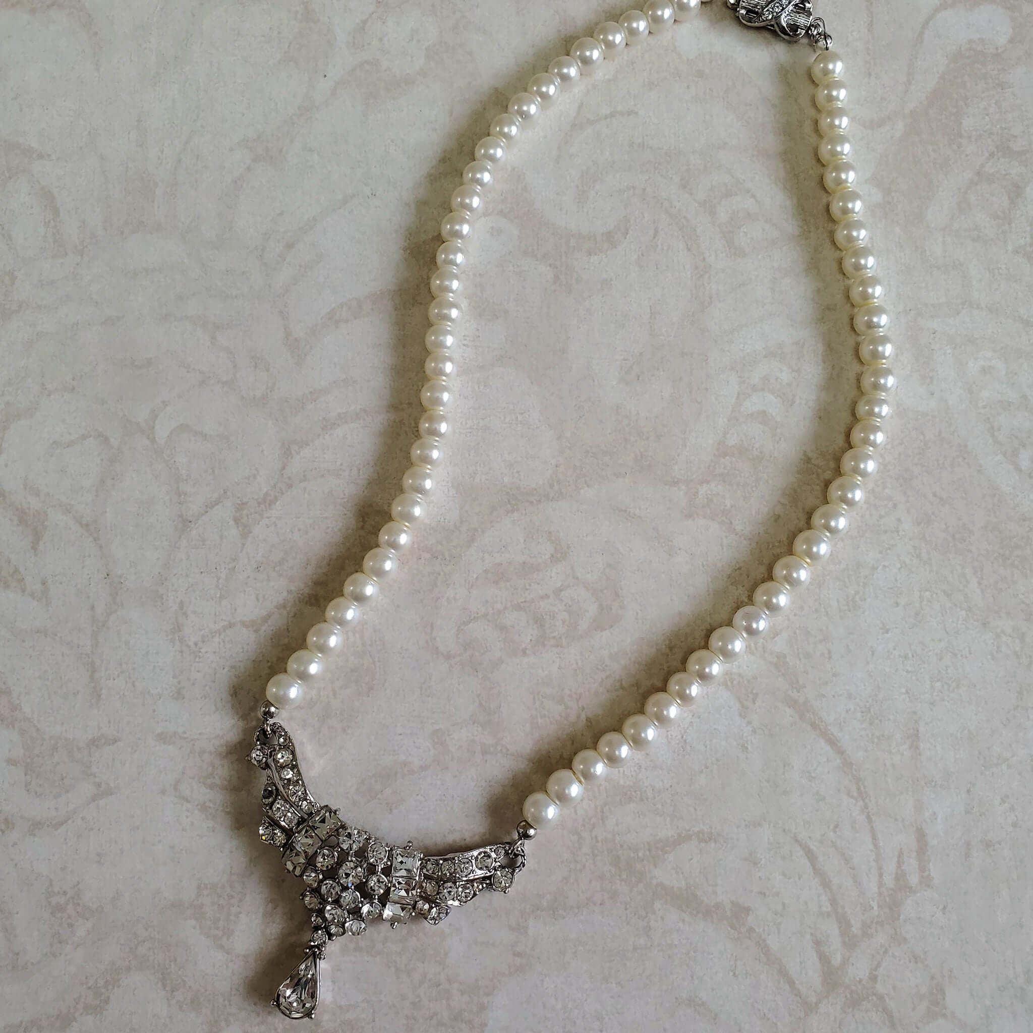 Vintage Double Strand Pearl Necklace Rhinestone Clasp Bridal