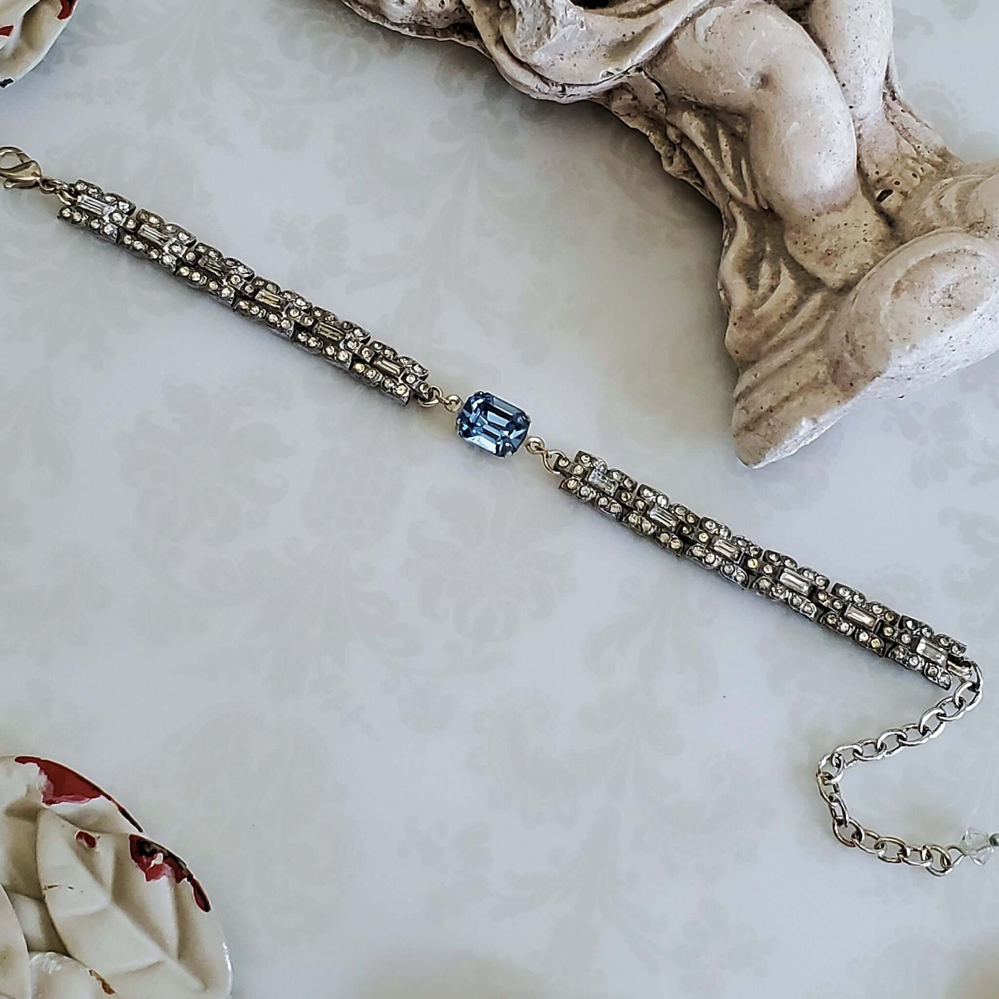 Vintage Rhinestone Link Bracelet with Light Sapphire Stone Accent