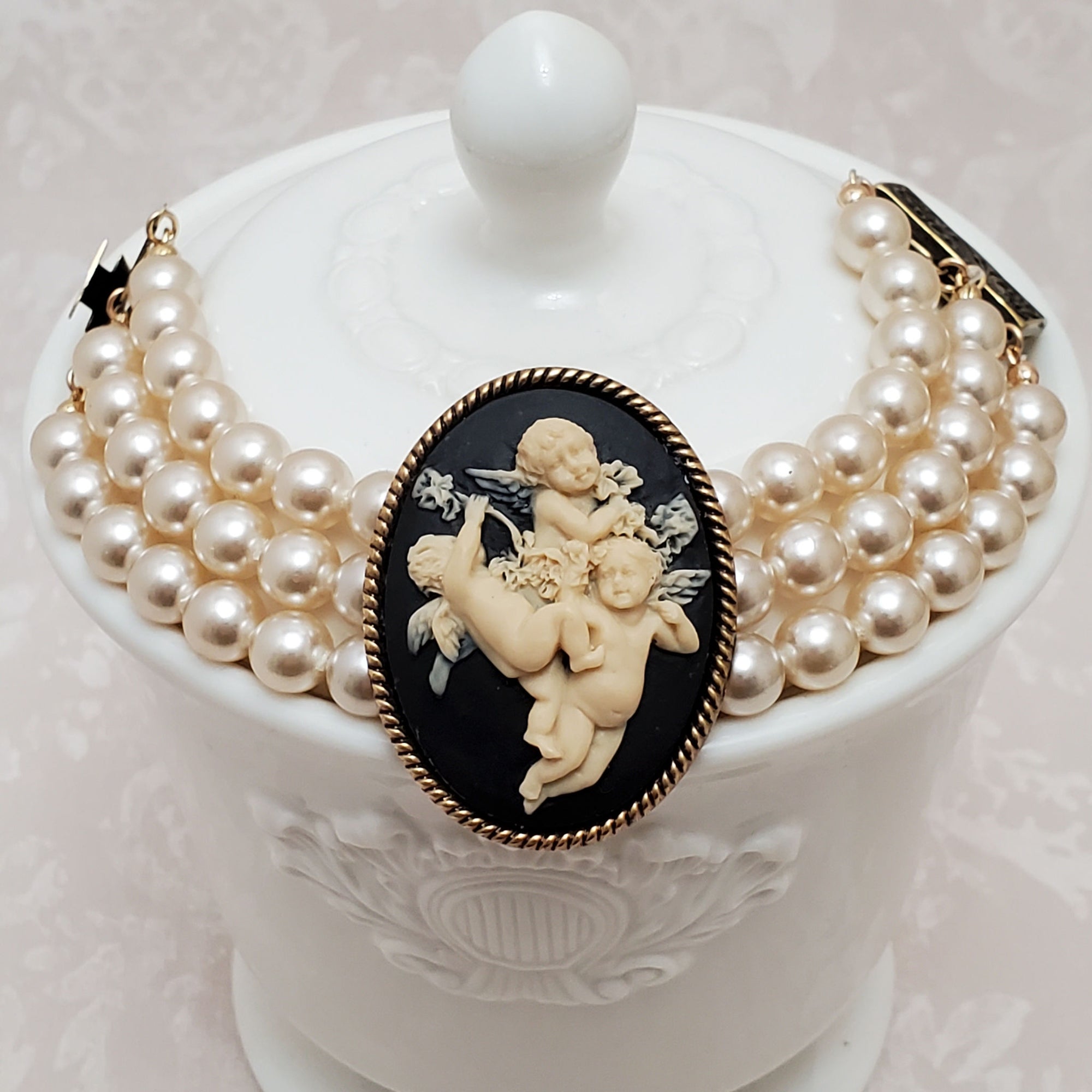 Cherub Pendant Bracelet with three strands of quality vintage costume pearls