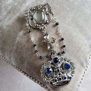 Vintage Blue Rhinestone Crown Brooch Pin