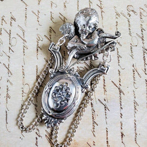 Vintage Silver Cupid Doorknocker Brooch with Chains