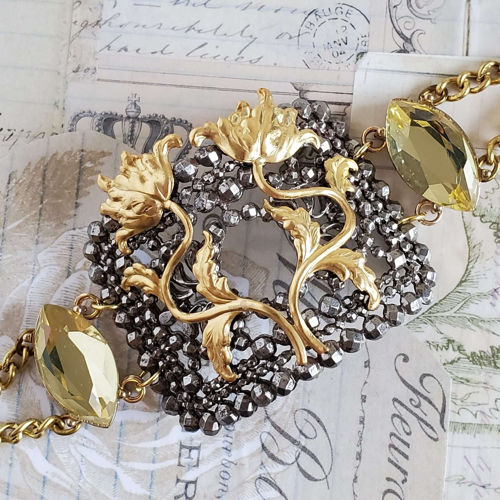 Repurposed Buckle Bracelet with Vintage Brass Floral Detail