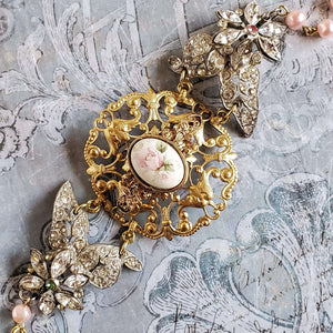 Vintage Filigree Cuff Bracelet with Repurposed Floral Brooch . Vintage Hat Pins and Vintage Pink Pearls  Act as Straps.