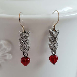 Petite Red Glass Heart Charm Earrings with  Crystal Encrusted Arrow Quills