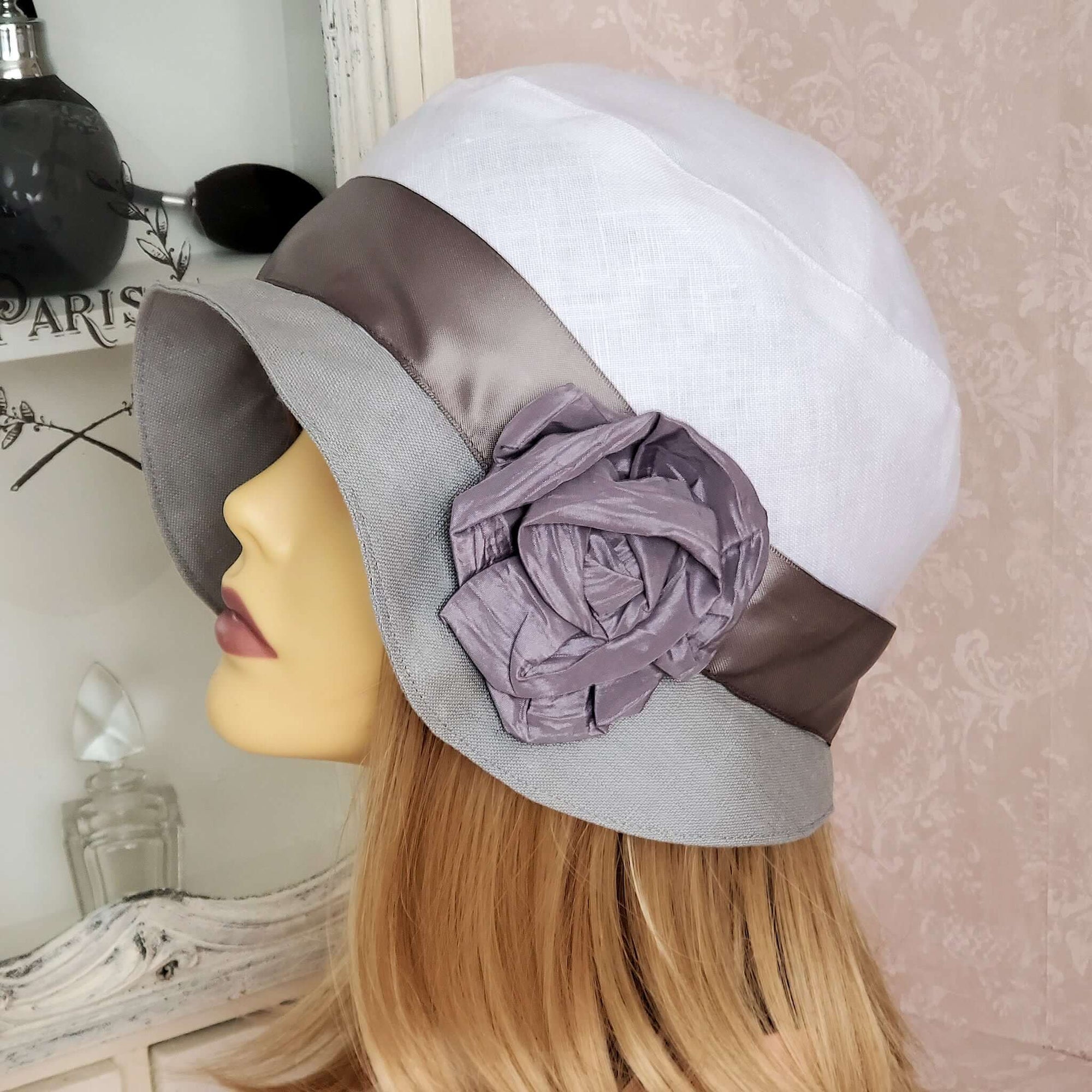 Cloche Style Hat in Grey and White