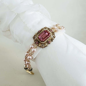 Vintage Blush Pink Pearl Bracelet with Vintage Pink Crystal Pendant