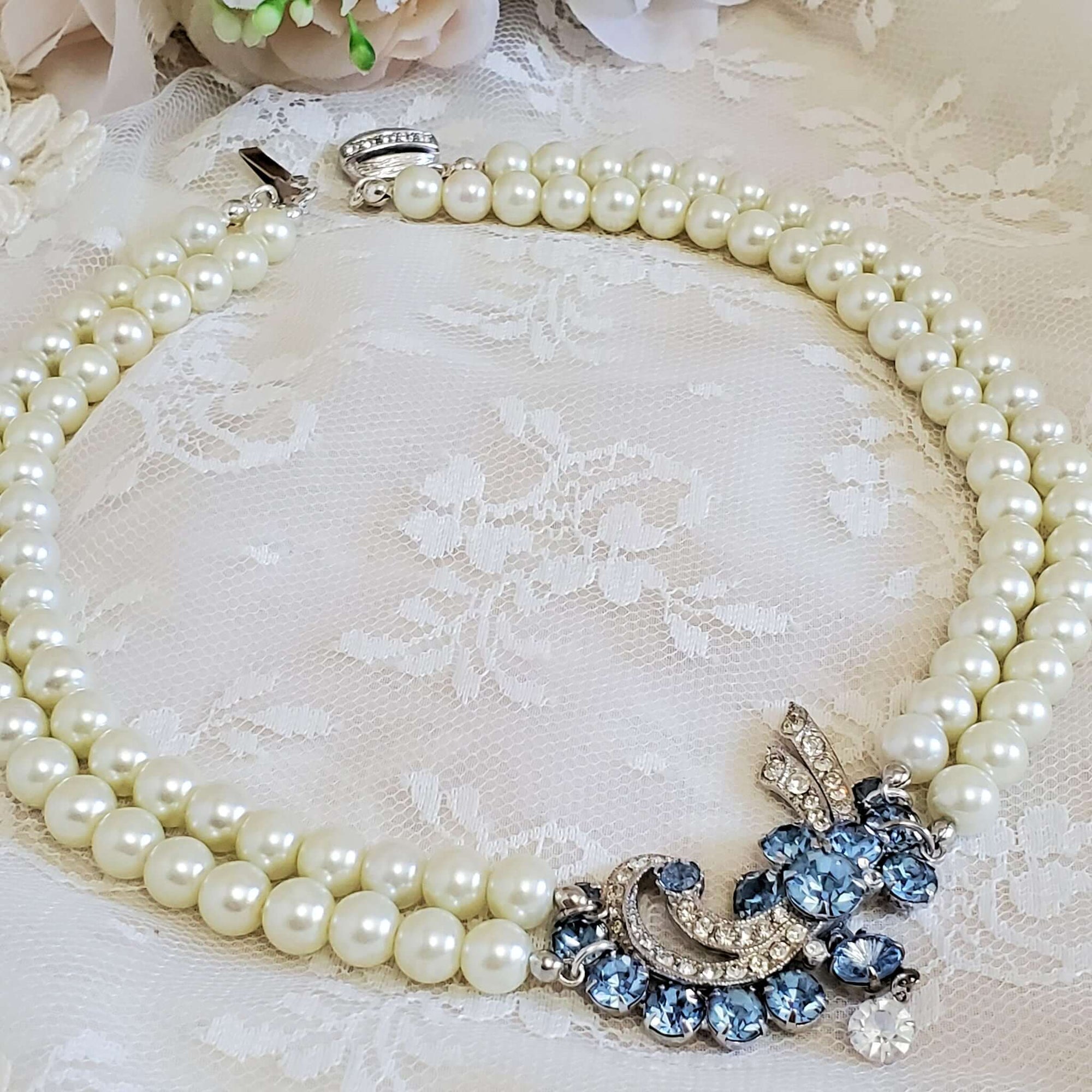 Two Strand Vintage Costume Pearl Necklace with Vintage Blue Crystal Repurposed Brooch Pendant