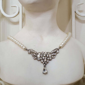 Vintage Pearl Necklace with Rhinestone Pendant