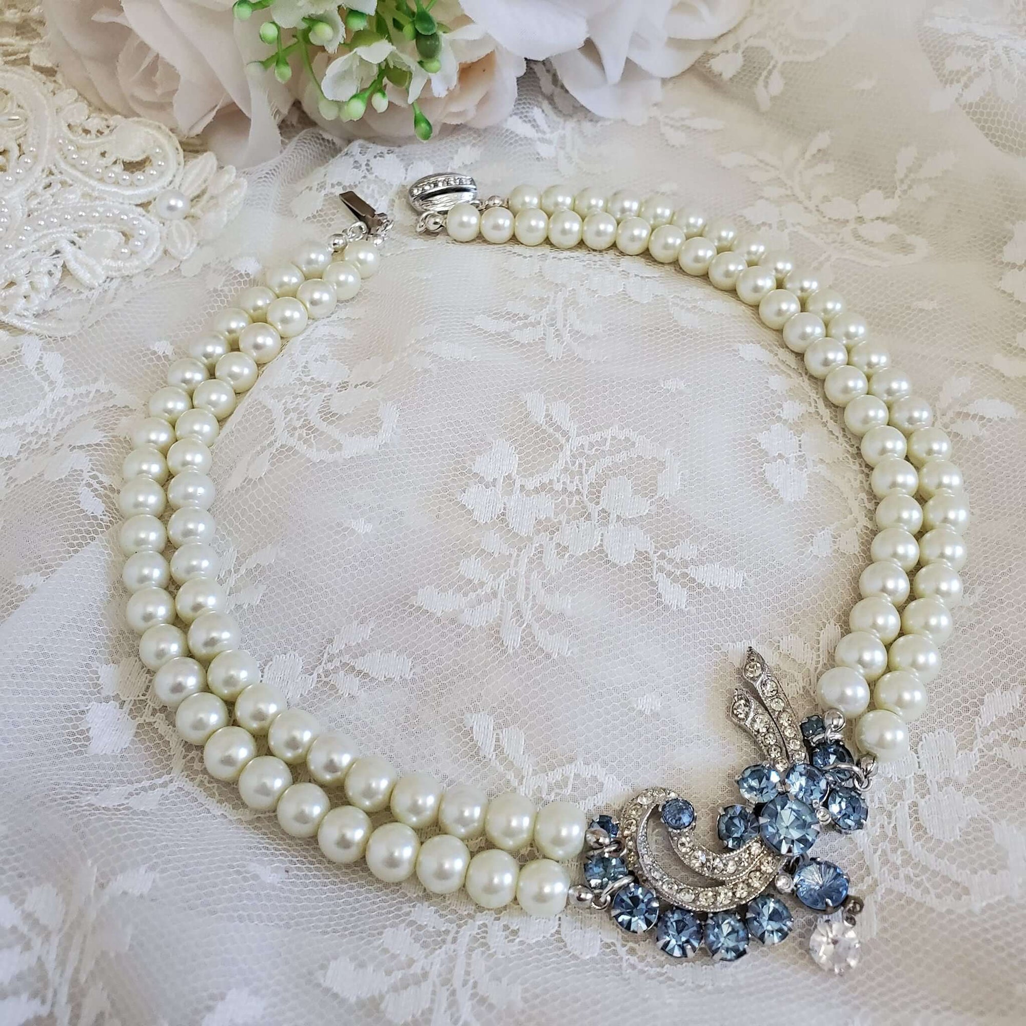 Two Strand Ivory Costume Pearl Necklace with Silver Box Clasp