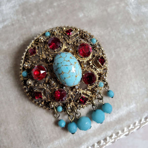 Vintage Turquoise Brooch with Red Rhinestone Accents