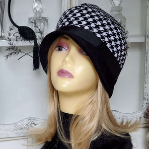Houndstooth Cloche with Velvet Brim, Grosgrain Ribbon Band and Vintage Button Embellishment
