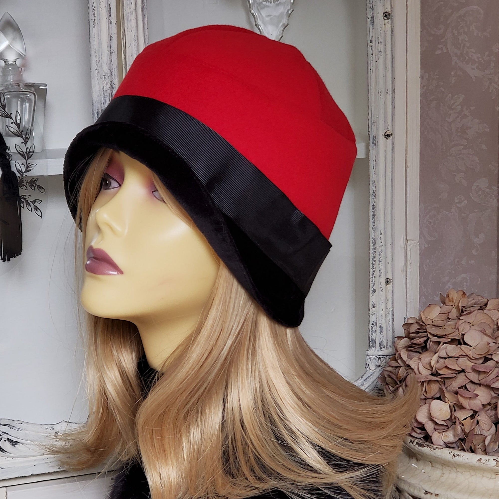 Red and Black Winter Cloche Hat