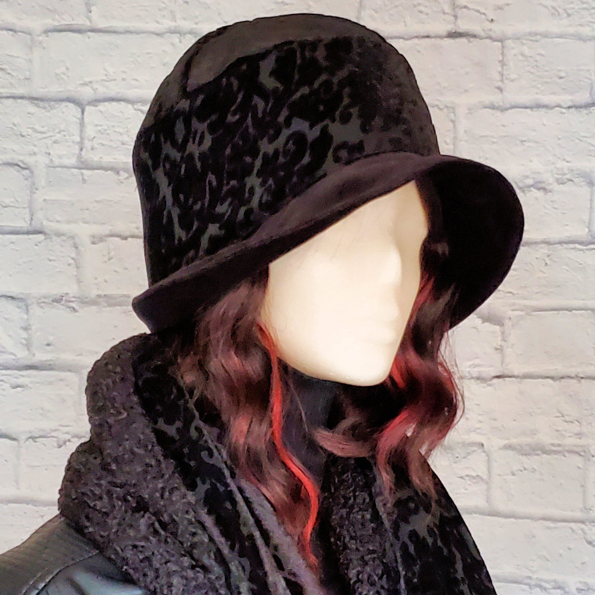 Winter Hat and Scarf Set includes a black damask burnout velvet 1920s Cloche Hat