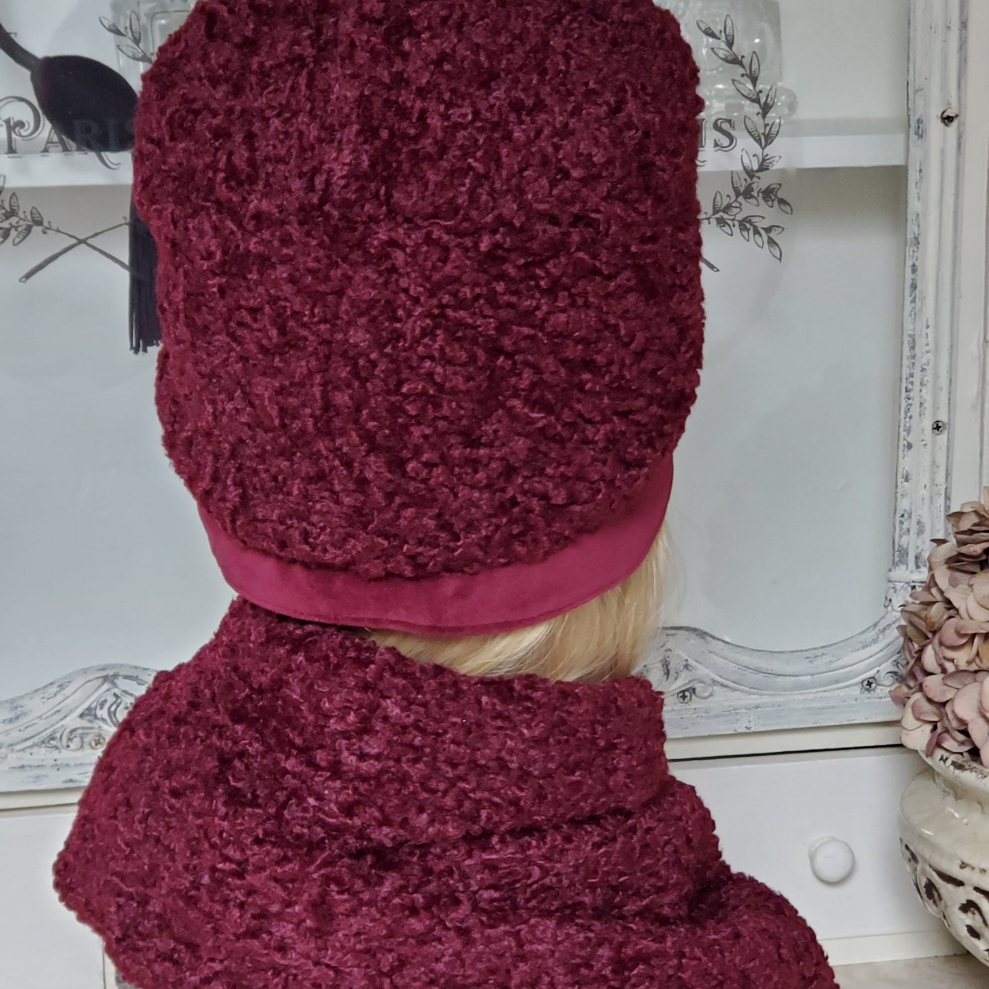 Winter Hat and Scarf Set in Burgundy Persian Lamb