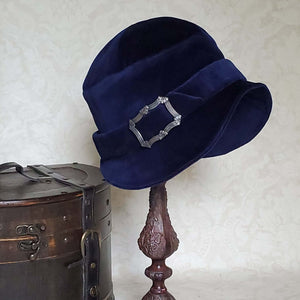 Navy Blue Women's Cloche Bucket Hat with Navy Velvet Band and Vintage Silver Buckle