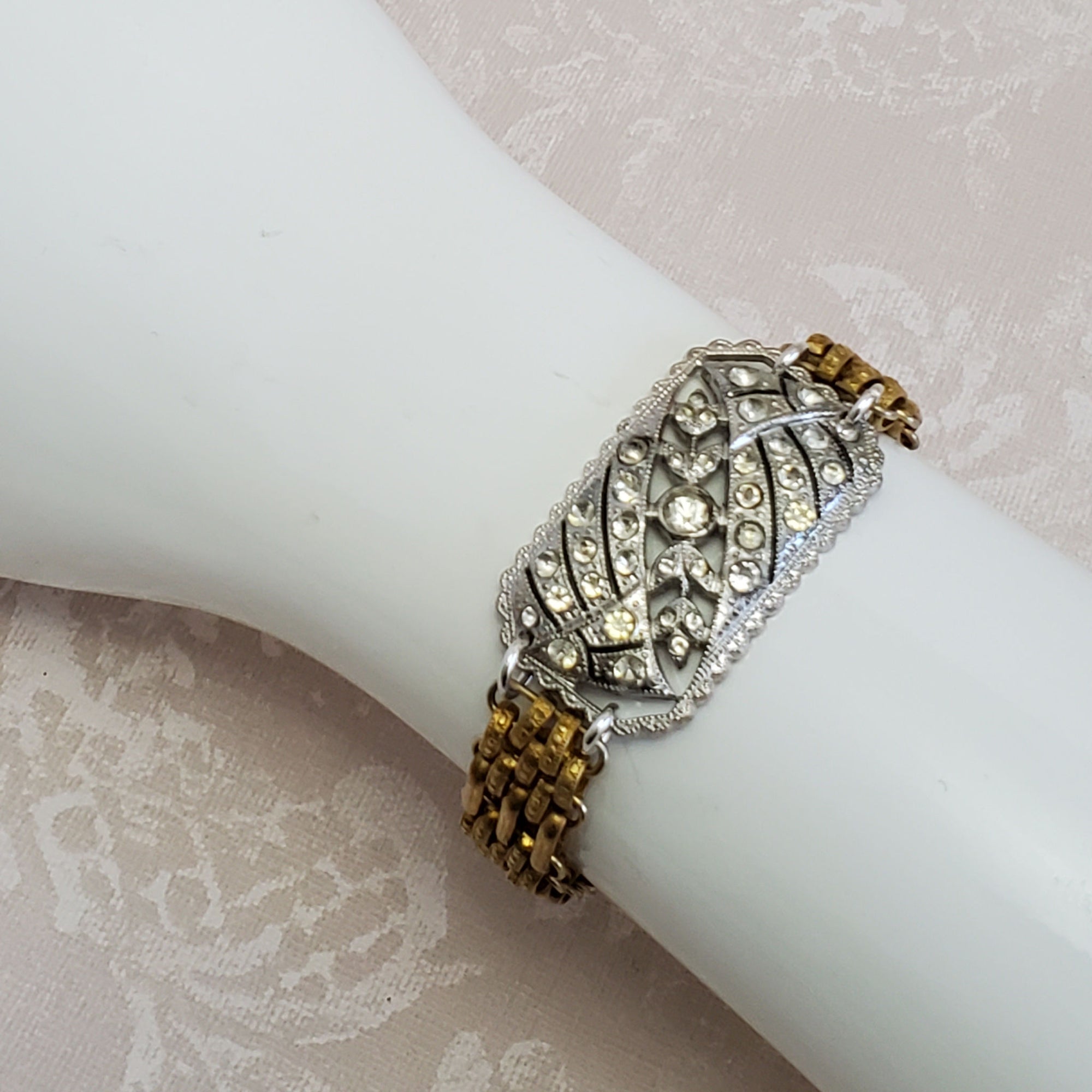 Antique Art Deco Bracelet with Gold Tone Watch Chain Bands