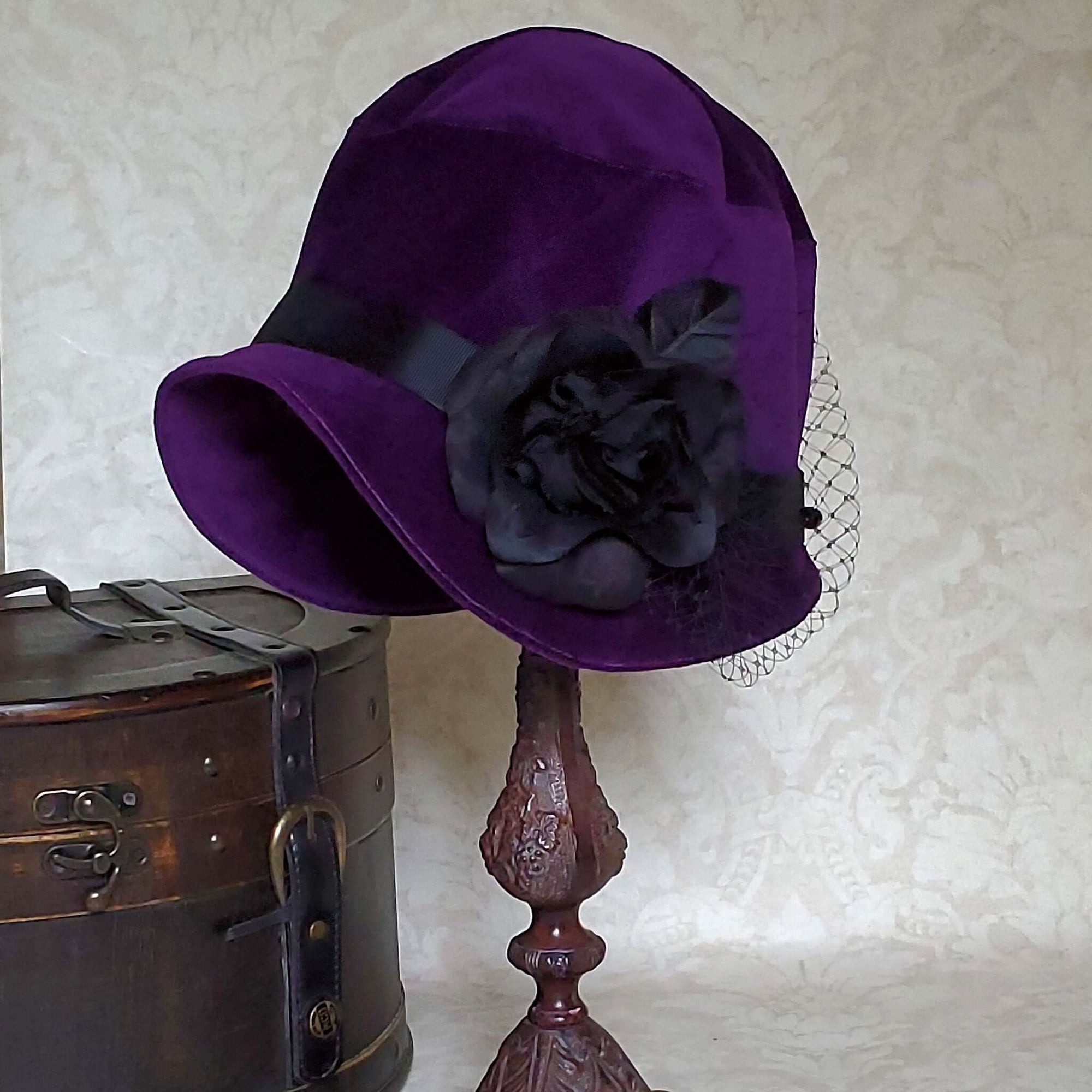Women's Cloche Bucket Hat with Black Satin Trim and Black Rose Detail
