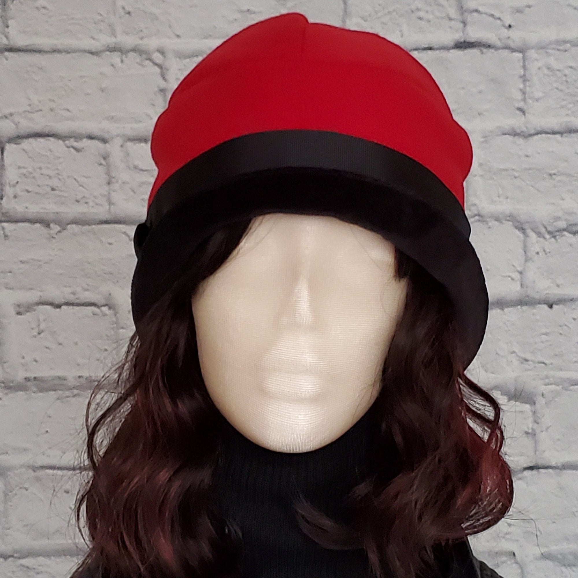Women's Elegant Cloche Hat in Red Felt with Black Velvet Brim and Black Satin Trim and Black Velvet Button Detail