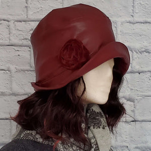 Burgundy Vegan Leather Cloche Bucket Hat with Velvet Rose