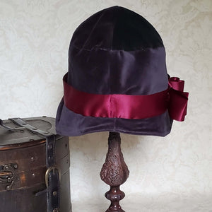 Women's Grey Velvet Cloche Hat with Burgundy Ribbon Trim and Matching Bow