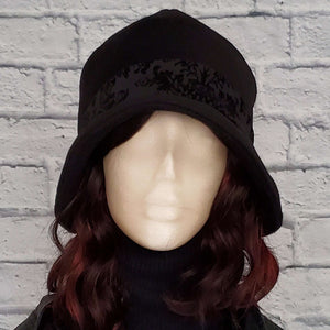 Women's Wool Felt Black Cloche Hat with Burnout Velvet Band