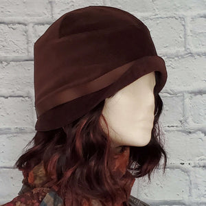 Brown Velvet Cloche Hat with Brown Satin Ribbon Band