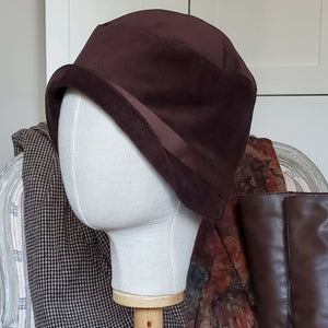 Women's Brown Velvet Cloche Hat with Brim Turned Up