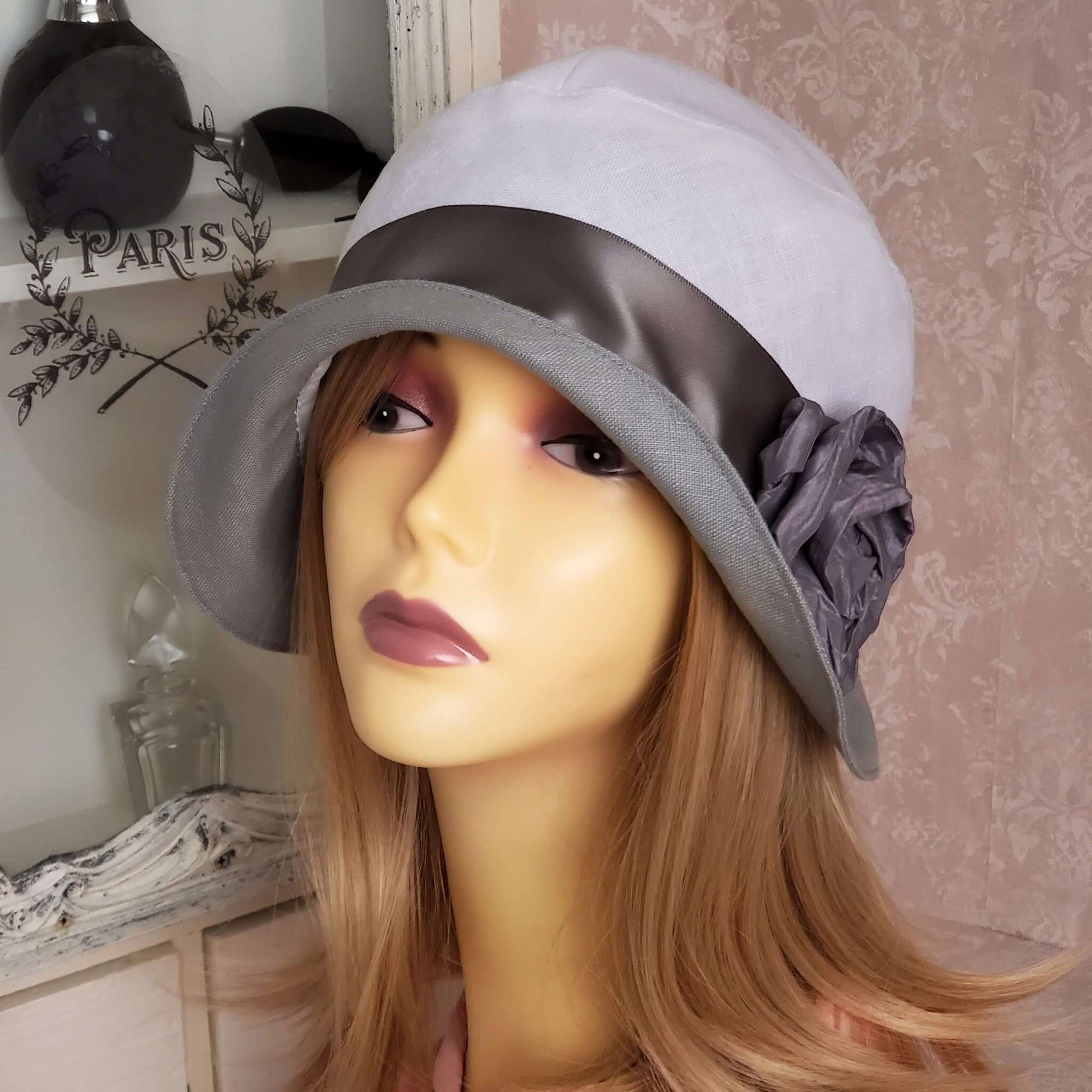 Women's Grey and White Linen Cloche with Grey Satin Ribbon Trim and Grey Taffeta Rose