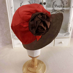 Rust Orange Cloche Hat with Dark Brown Chiffon Rose and Suede Brim