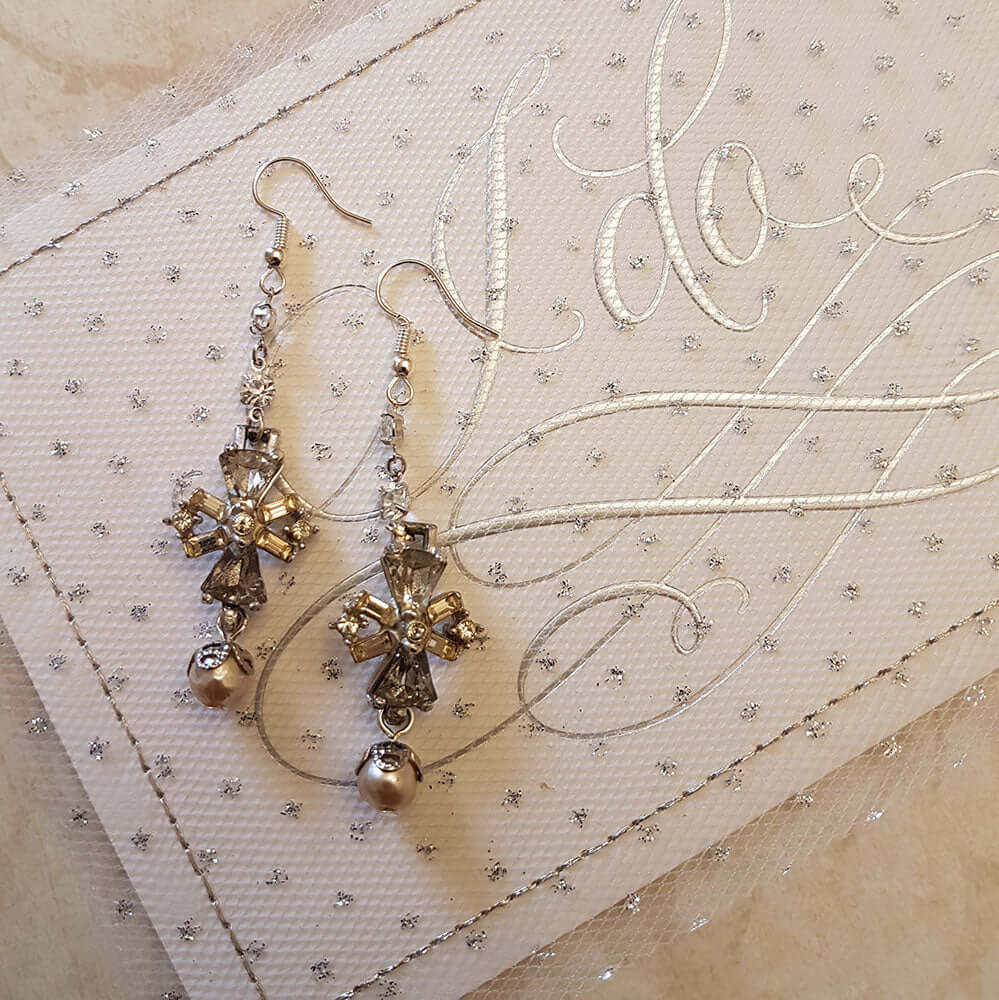Rhinestone Maltese Cross and Pearl Earrings