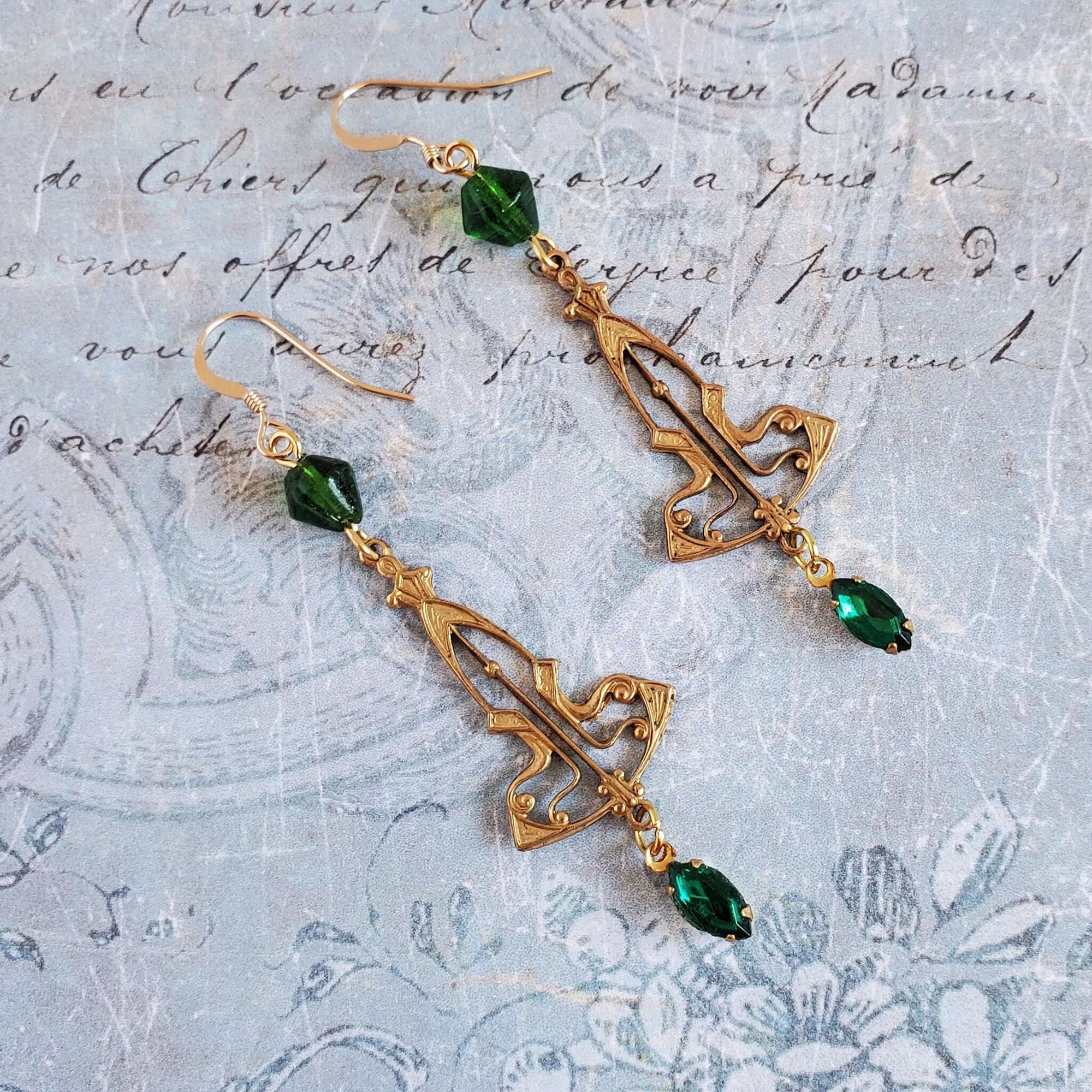 Art Nouveau Style Earrings with Green Accents