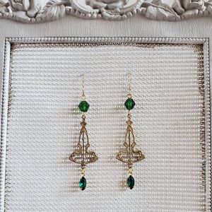 Art Nouveau-Styled Brass Earrings with Green Bead Accents