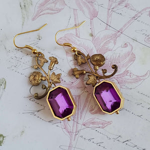Floral Brass Earrings with Gemstone Drops
