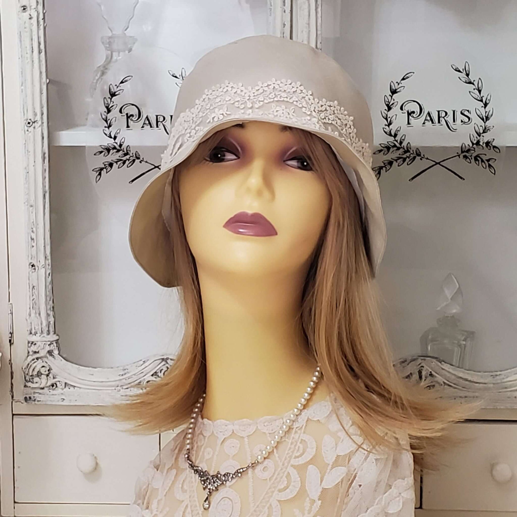 Beige Cloche Hat with Lace Detail
