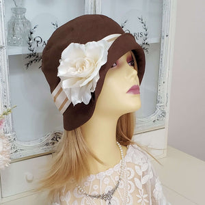 Brown Linen Cloche with Ribbon and Floral Detail