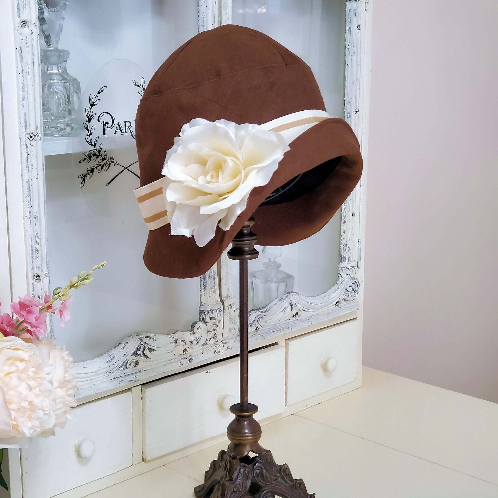 Cloche Hat 1920s with Ivory Rose