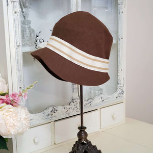 Brown Linen Cloche with Striped Ribbon Detail