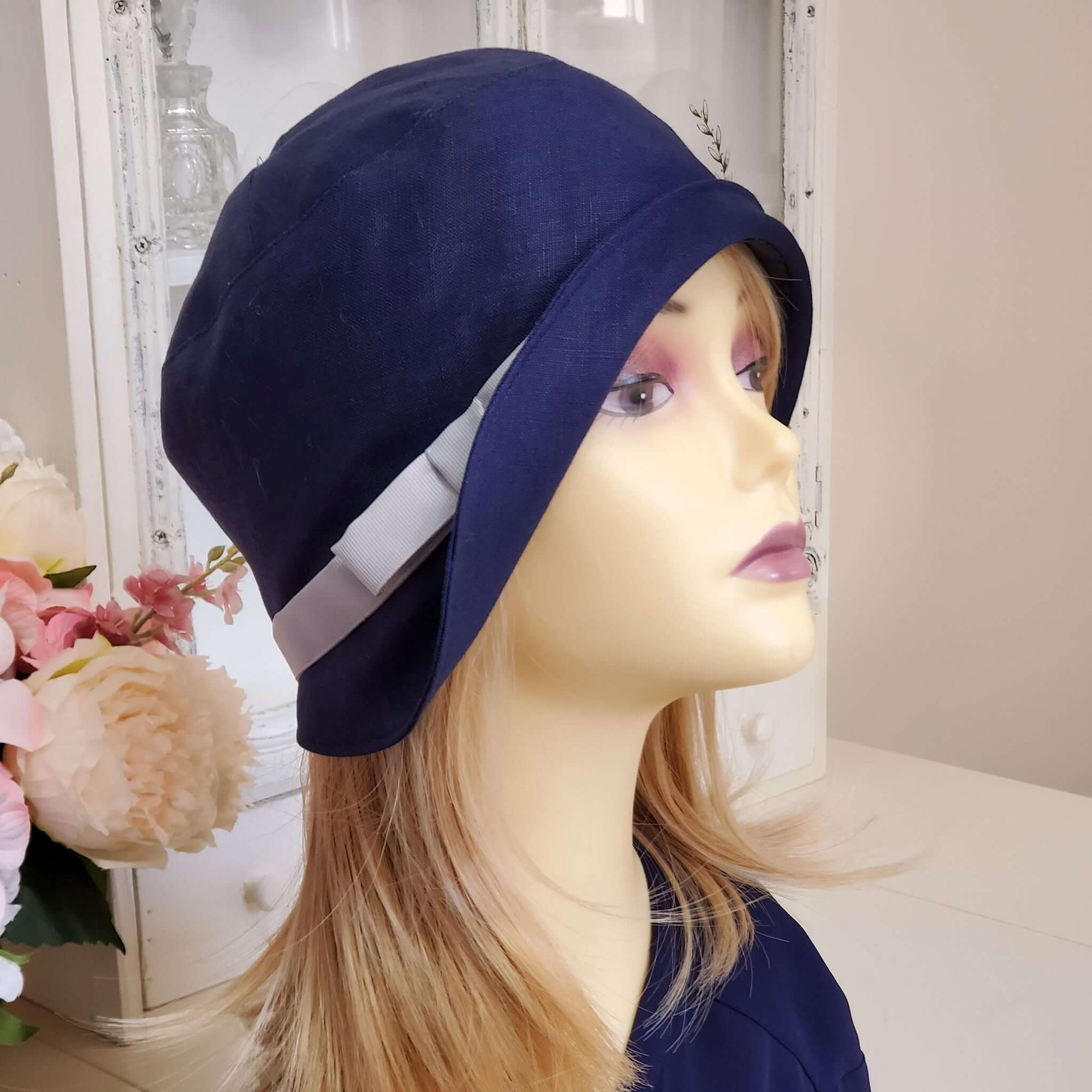 Navy Linen Cloche Hat with Grey Ribbon and Bow