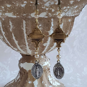 Art Deco Brass Connectors with Rosary Charm Earrings