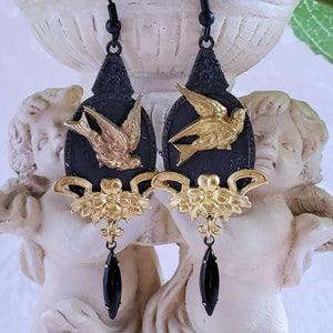 Brass Birds set on Black Victorian Style Pendant