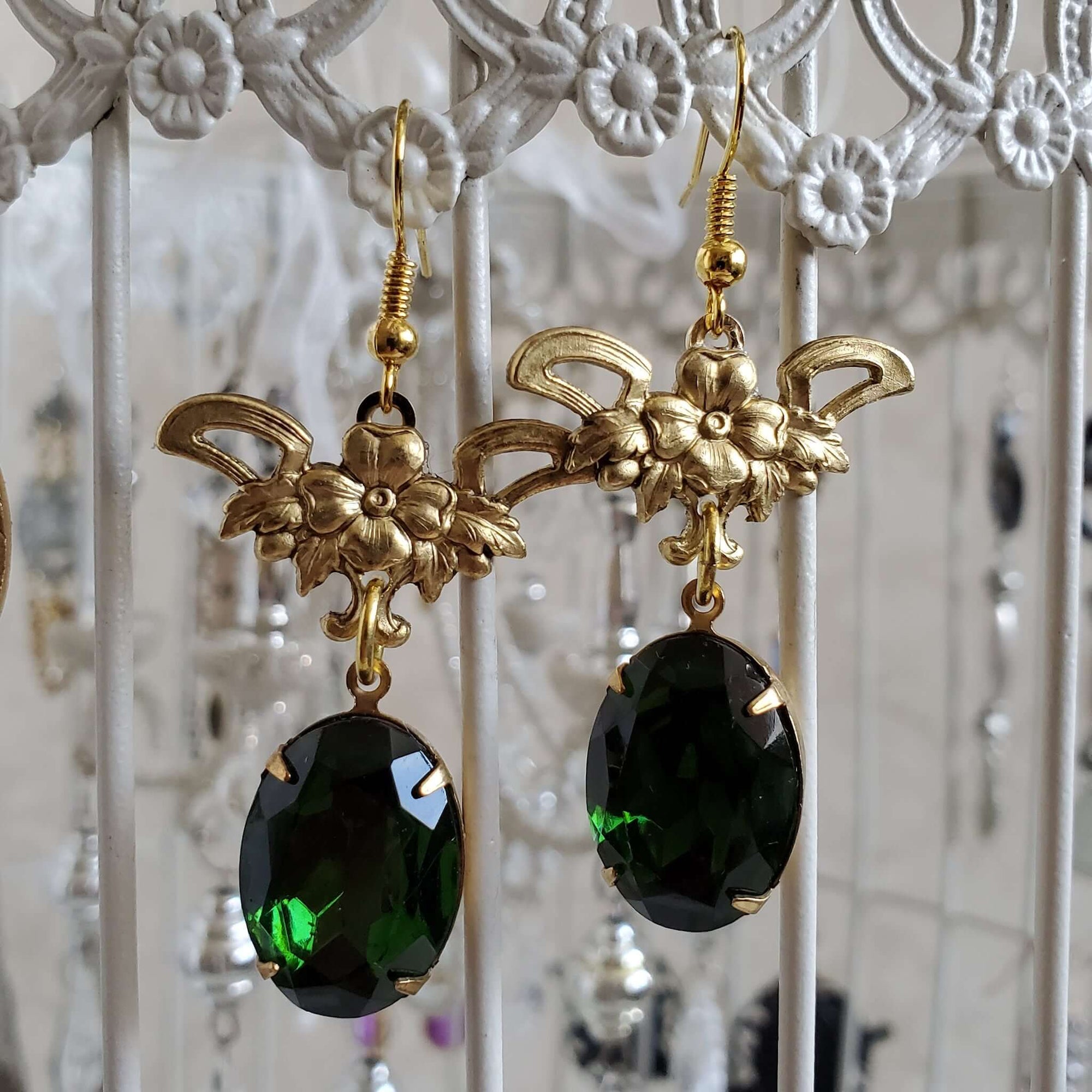 Vintage Floral Brass Earrings with Crystal Gemstone Drop