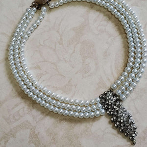 Three Strand Pearl Necklace with Reclaimed Art Deco Floral Dress Clip Pendant