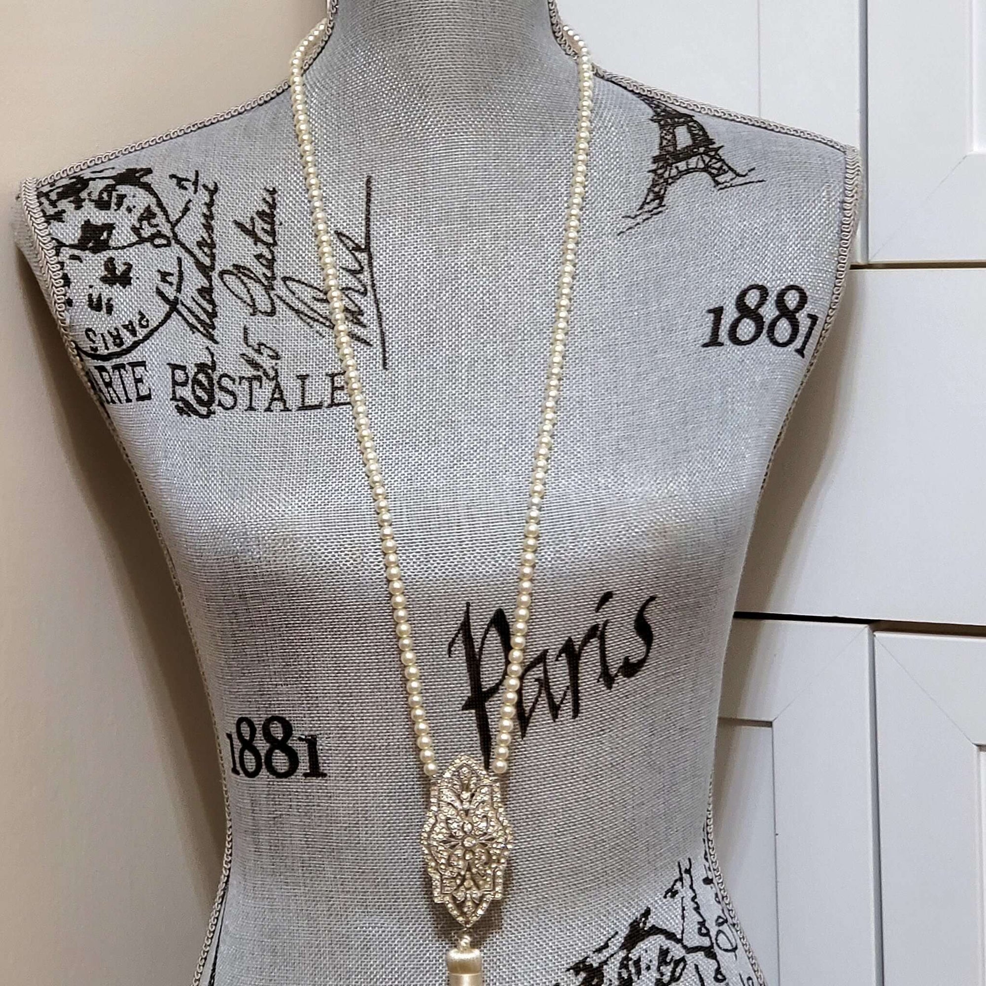 Long Pearl Necklace with Antique Art Deco Pendant